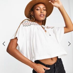 NWT Free People fp Embroidered V-Neck White Oversized Crop Top Boho Hippie XS-M